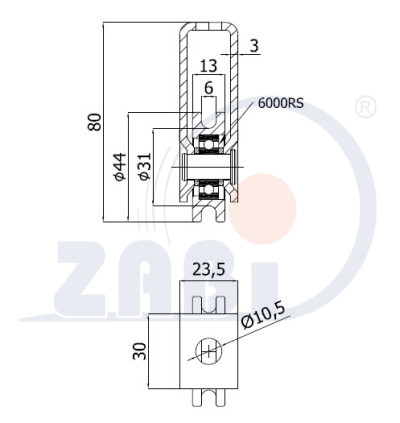 Profil-Rollen für Seil 6mm mit Kugellager / CMM44/6L